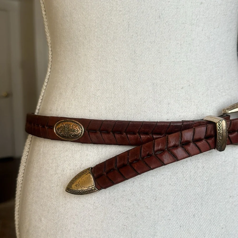 Brighton Brown Braided Leather Belt with Metal Medallions Size L
